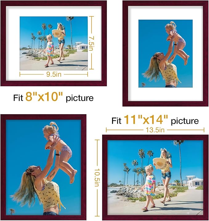 Vittanly 11x14 Picture Frames Set of 9, Display 8x10 Pictures with Mat or 11x14 without Mat, Photo Frames for Wall or Tabletop with Plexiglass, Engineered Wood, Cherry Red