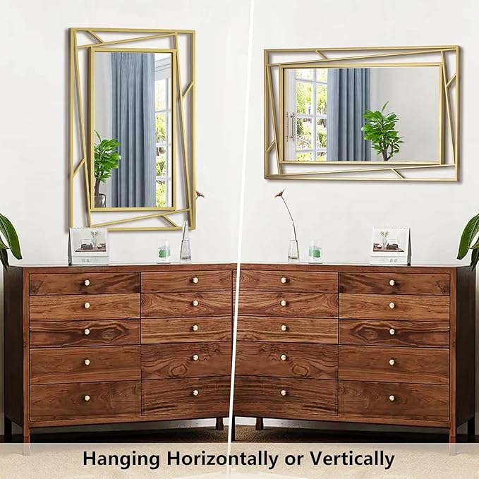 Brushed Gold Bathroom Mirror, 28''X20'' Rectangular Wall Mirrors with Geometric Metal Frame for Bathroom Bedroom Living Room, Hang Horizontally or Vertically