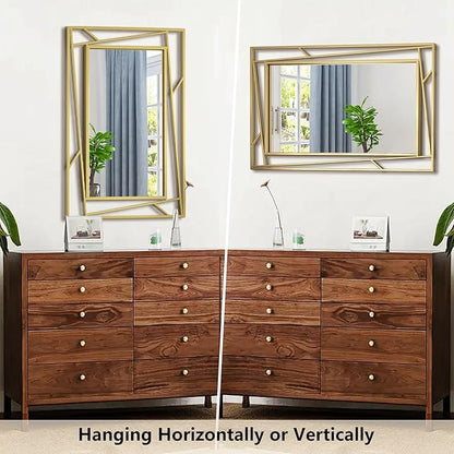 Brushed Gold Bathroom Mirror, 28''X20'' Rectangular Wall Mirrors with Geometric Metal Frame for Bathroom Bedroom Living Room, Hang Horizontally or Vertically