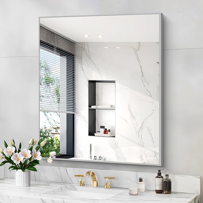 COFENY Silver Bathroom Mirror for Wall, 30x36 Inch Rectangle with Metal Frame, Modern Vanity for Bathroom Living Room, Entryway Hangs Horizontal or Vertical