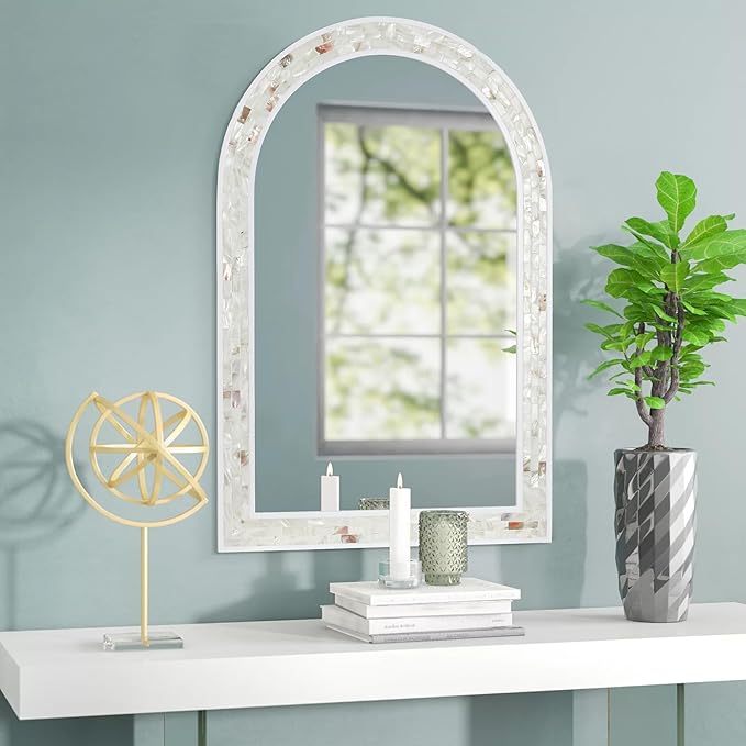 Tanmicoshomy Arched Bathroom Mirror 20x30 Inches, Natural Shell Inlay White Framed Mirrors with Tempered Glass for Bathroom Living Room Bedroom or Entryway