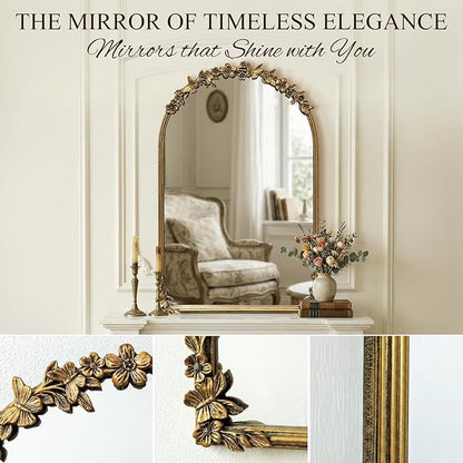 Antique Baroque Vintage Vanity Mirror 36x23Inch, Gold with Ornate Antique Frame, Arched Vintage Wall Mirror for Living Room, Fireplace, Entryway (Golden (Arched 4), 36"L x 23"W（Vertical ）)