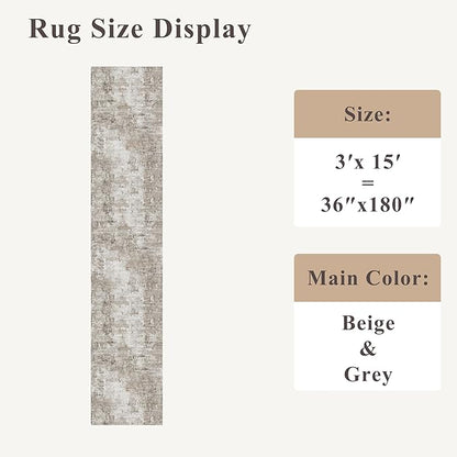 3x15 Ft Long Hallway Runner Rug - Non-Slip Washable Kitchen Runner Rug with Rubber Backing | Modern Abstract Wide Floor Carpet Runner for Indoor Entryway, Bedroom, Living Room (Beige, Grey)