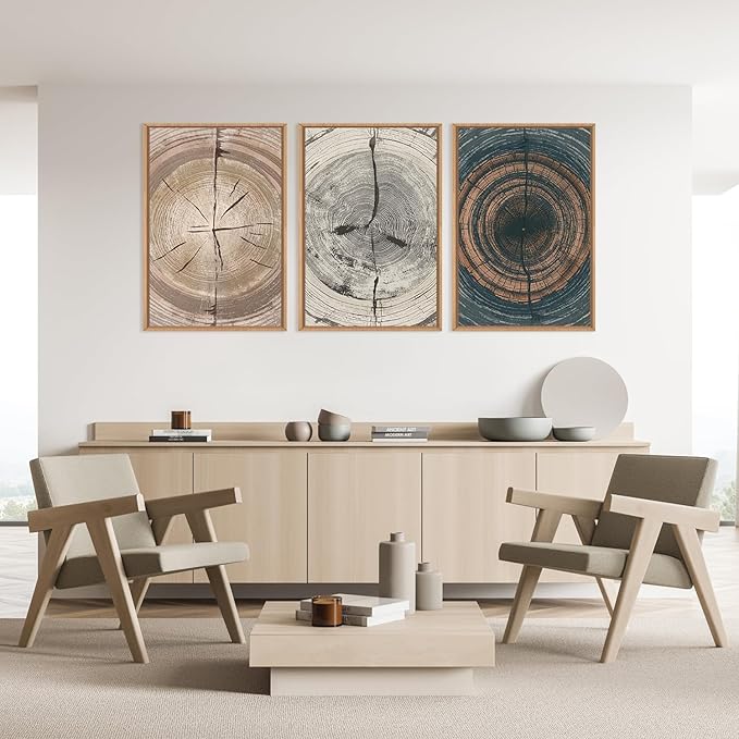 Vintage Beige Tan Tree Ring Framed Canvas Wall Art Set,Modern Neutral Gray Wood Stump Wall Decor,Rustic Wooden Tree Spiral Artwork for Living Room,Bedroom,Farmhouse-16 x24 x3