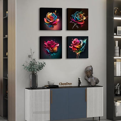 Colorful Rose Wall Art Abstract Graffiti Rainbow Flower Canvas Prints Pictures Bedroom Decor 12x12" 4 Pcs Modern Watercolor Black Background Paintings Artwork for Living Room Bathroom Home Decorations