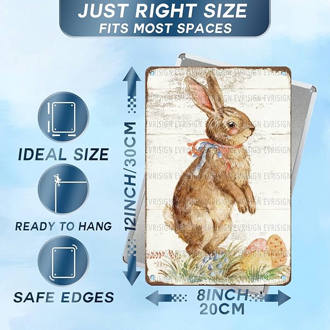 Happy Easter Bunny Metal Sign Spring Theme Rustic Tin Wall Art For Home Kitchen Garden Farmhouse Seasonal Decor 8x12Inch