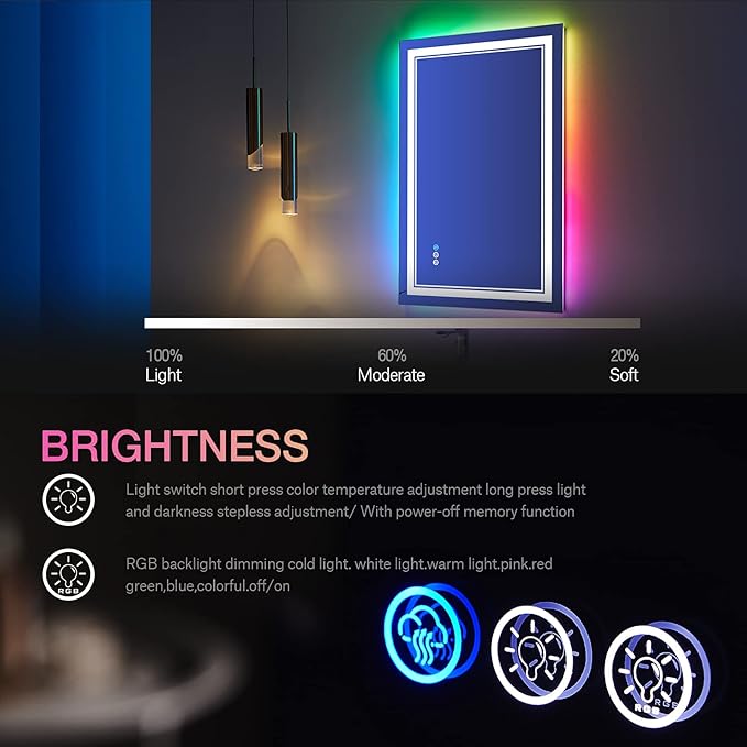 24x32 inch LED Bathroom Mirror RGB Color Changing Backlit Mirror Shatterproof Dimmable Anti-Fog Vanity Mirror with Double Lights (RGB Multicolor Backlit + Adjustable Front-Lighted)