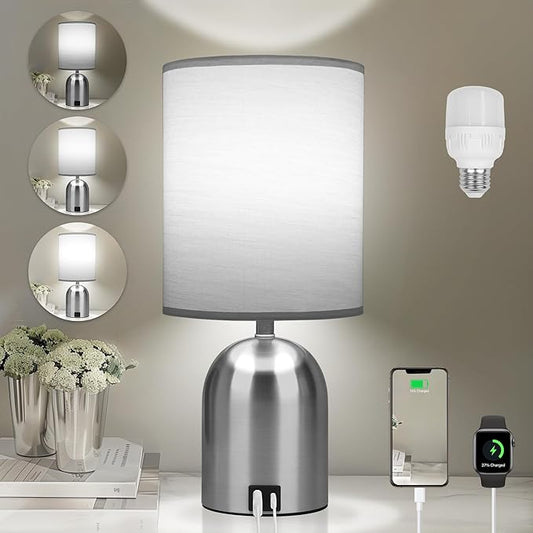 Bedside Table Lamp for Bedroom, 3 Way Dimmable Touch Small Desk Lamp for Office with USB Charging Port Lamps for Living Room, Bedroom, Reading Room, Office, Grey/Sliver, Silver