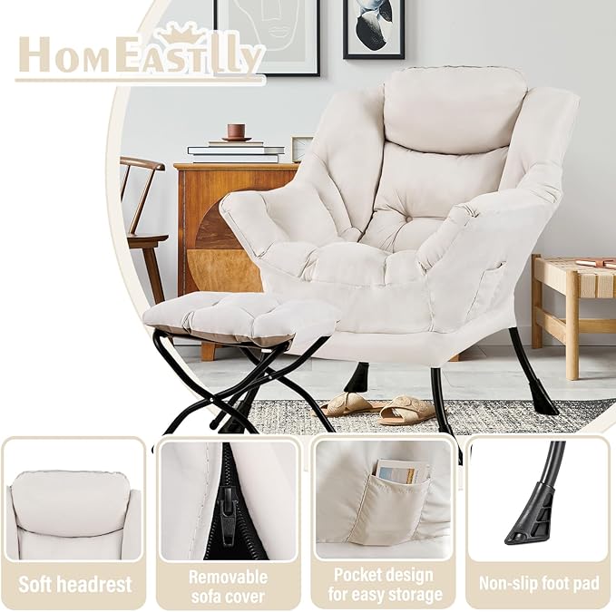 Lazy Chair with Ottoman, Large Beige Accent Chair with Ottoman, Comfy Reading Armchair, Leisure Sofa Chair for Living Room, Bedroom, Dorm Room, Office
