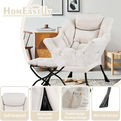 Lazy Chair with Ottoman, Large Beige Accent Chair with Ottoman, Comfy Reading Armchair, Leisure Sofa Chair for Living Room, Bedroom, Dorm Room, Office