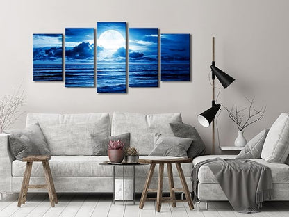 Pyradecor Blue Clouds Canvas Prints Wall Art Moon Sea Beach Pictures Paintings Ready to Hang for Living Room Bedroom Home Decor Modern 5 Piece Stretched Landscape Artwork