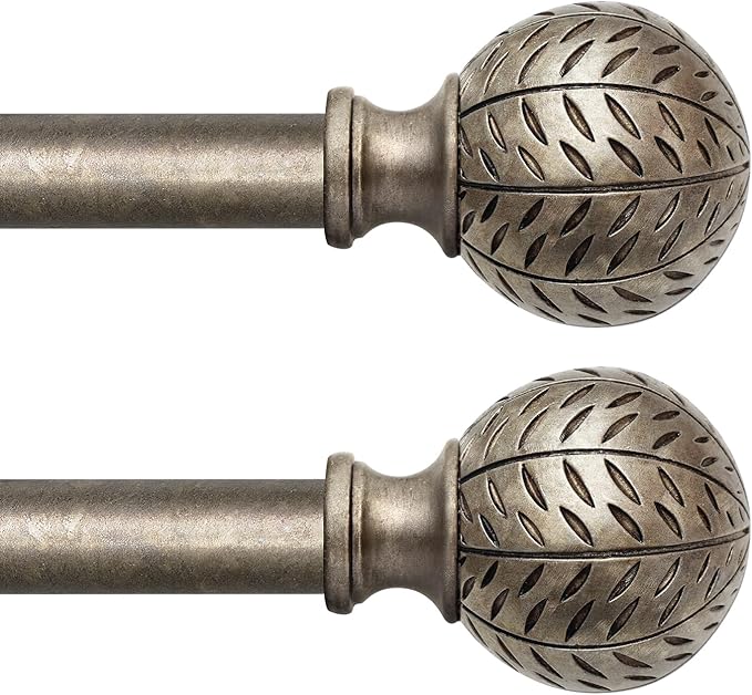 QDWIS 2 Pack Silver Curtain Rods for Windows 48 to 84 Inch,1'' Diameter Drapery Rods with Leaf Pattern Finials,Boho Adjustable Heavy Duty Curtain Rods Set,36-88'',Retro Silver