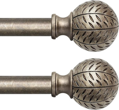 QDWIS 2 Pack Silver Curtain Rods for Windows 48 to 84 Inch,1'' Diameter Drapery Rods with Leaf Pattern Finials,Boho Adjustable Heavy Duty Curtain Rods Set,36-88'',Retro Silver