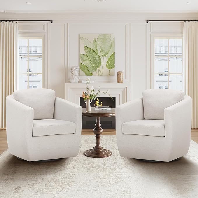 COLAMY 360° Swivel Accent Chair Set of 2 with Pillow, Living Room Armchair No-Sag Foam & Sturdy Metal Base, Fully Assembled Swivel Single Sofa for Bedroom Living Room, Reading Room, Beige