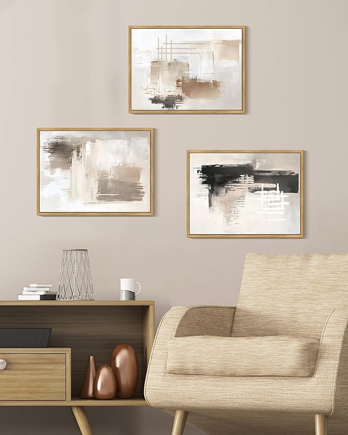 PHOPAGO Modern Abstract Framed Wall Art Mid Century Minimalist Beige Pastel Neutral Wall Decor for Kitchen Hallway - 12x16in Natural Framed