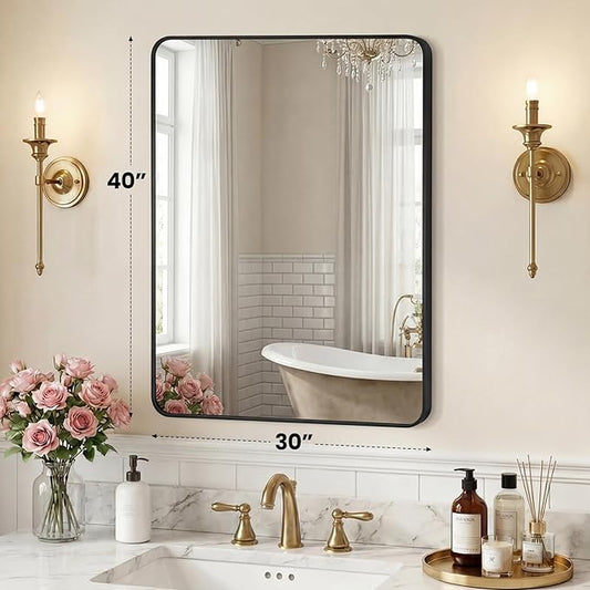 OLIXIS Bathroom Mirror for Over Sink, 40x30 Inch Wall Mount Mirror with Rounded Rectangle and Matte Metal Framed, Modern Wall Vanity Mirror for Home Decor, Living Room, Bedroom, Black