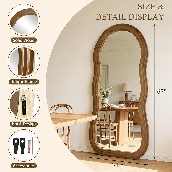 Wavy Full Length Mirror, 67"x31.5" Irregular Aesthetic Mirrors with Triple Layer Solid Wood Frame, Premium Organic Floor Mirror for Living Room Entryway Hallway Cloakroom, Leaning/Hanging
