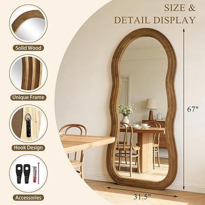 Wavy Full Length Mirror, 67"x31.5" Irregular Aesthetic Mirrors with Triple Layer Solid Wood Frame, Premium Organic Floor Mirror for Living Room Entryway Hallway Cloakroom, Leaning/Hanging