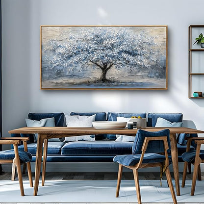 ZUITINGHUA Large Canvas Wall Art For Living Room Wood Framed Wall Decor For Office Modern Bedroom Decorations Grayish Blue Painting Tree Abstract Pictures Home Decor Posters Ready To Hang 24x48 In