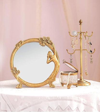 Vintage Gold Mirror Wall Decor - Small Vanity Mirrors, Antique Decorative for Desk Room, Frame Arched Victorian Decoration for Home Table, Standing Framed Art Gift for Furniture Living Bedroom, Oval