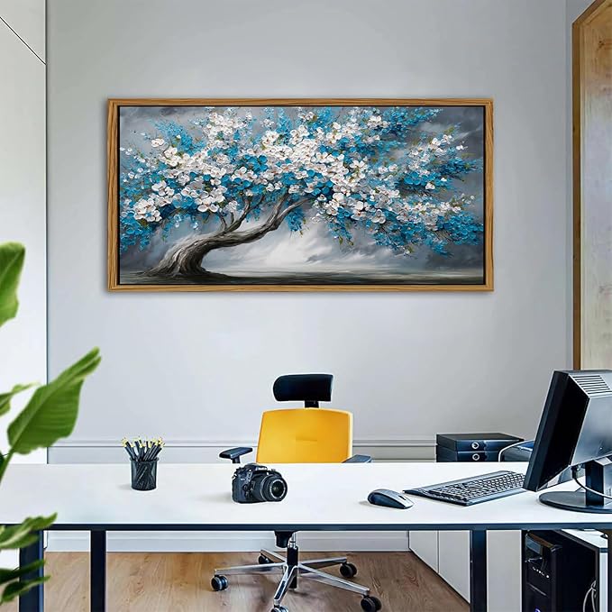 Vintage Tree of Life Wall Art Extra Large Framed Wall Decor Blue White Daisy Flower Canvas Prints Contemporary Artwork Abstract Botanical Floral Picture for Living Room Bedroom Home Decoration 35x70