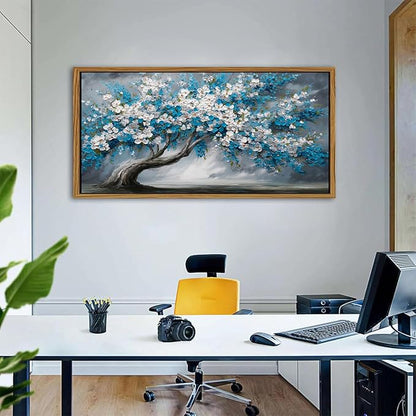 Vintage Tree of Life Wall Art Extra Large Framed Wall Decor Blue White Daisy Flower Canvas Prints Contemporary Artwork Abstract Botanical Floral Picture for Living Room Bedroom Home Decoration 35x70