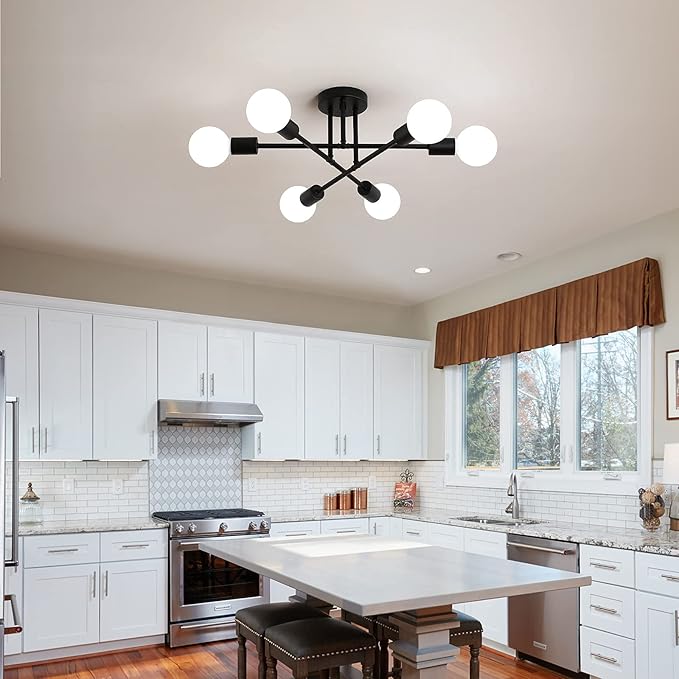 MEIXISUE Black Modern Sputnik Chandelier Ceiling Light Fixtures,6-Lights Industrial Metal Semi Flush Mount Ceiling Light for Bedroom Dining Room Living Room Kitchen Hallway UL Listed