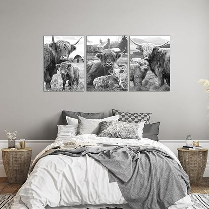 Rustic Cow Family Canvas Wall Art 3 Piece Black and White Highland Cow Picture for Bathroom Wall Decor Cute Animal Print Artwork for Country House Gallery Bedroom Decoration 20x28inchx3pcs