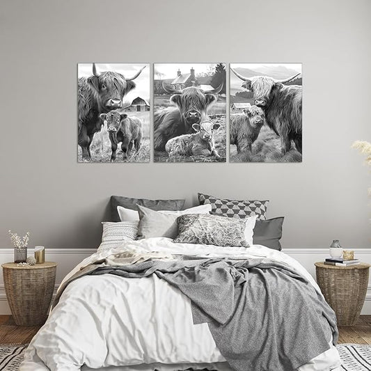 Rustic Cow Family Canvas Wall Art 3 Piece Black and White Highland Cow Picture for Bathroom Wall Decor Cute Animal Print Artwork for Country House Gallery Bedroom Decoration 20x28inchx3pcs