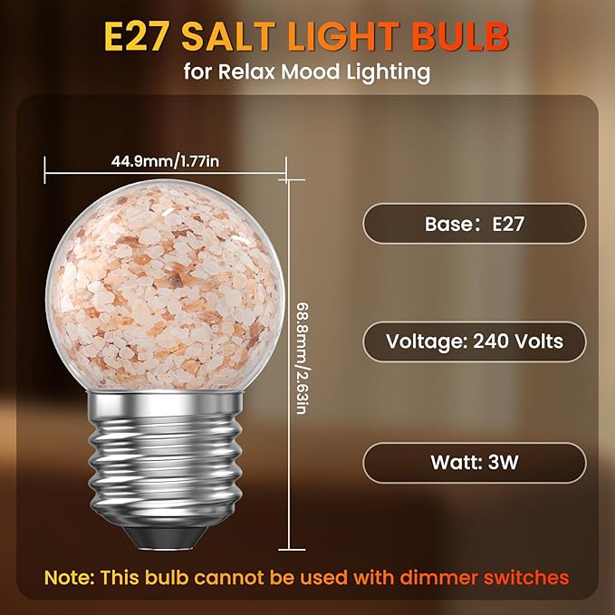 Lustaled 3W LED Salt Lamp Light Bulbs E26 LED Bulb 2200K Warm Amber Light Bulbs, G45 Himalayan Salt Light Bulb, Non-dimmable Night Light Bulbs for Mood Decorative Lighting,Living Room,Bedroom -2pack