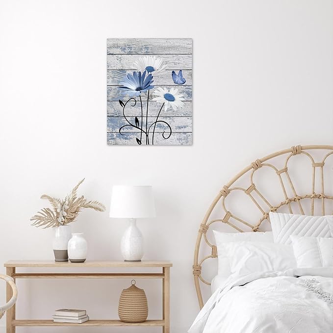 HVEST Vintage Floral Canvas Wall Art Blue and White Daisy Butterfly on Farmhouse Wooden Wall Decor for Bedroom, Country Wildflower Framed Wall Art for Living Room Office Home Decor,24L X 16W inches