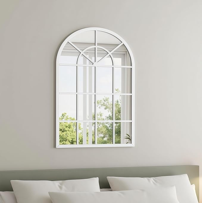 Arch Wall Mirror Mounted Decorative, 30"x42", Arched Window Pane Mirror for Wall-Mounted for Entryway, Bathroom Vanity, Living Room or Bedroom, Iron Frame, White