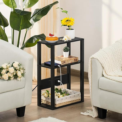 YUFAM 3-Tier Small Narrow Wood Side Table with Charging Station, Skinny Nightstand for Small Space, Slim Bedside Table with Storage for Couch, Thin End Table with USB Ports and Outlets, Black
