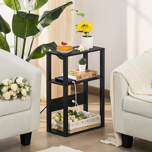 YUFAM 3-Tier Small Narrow Wood Side Table with Charging Station, Skinny Nightstand for Small Space, Slim Bedside Table with Storage for Couch, Thin End Table with USB Ports and Outlets, Black