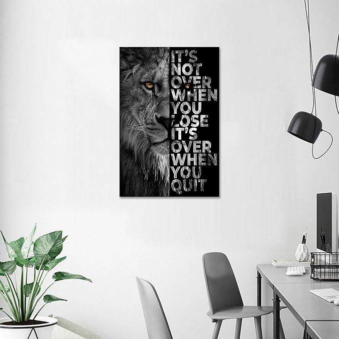 Lion Head Prints Canvas Inspirational Wall Art Black and White Animal Posters Motivational Quote Pictures for Bedroom Dorm Room Office Decor Framed Ready to Hang28x44inches