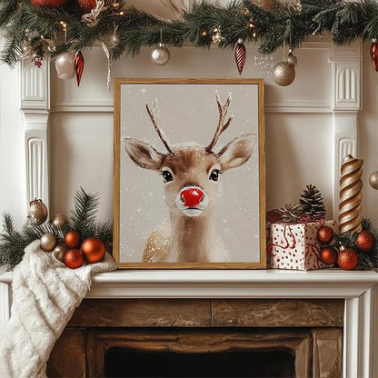 Framed Christmas Wall Art, Vintage Red Nose Reindeer Canvas Wall Decor Paintings, Rustic Winter Cute Deer Pictures Prints Farmhouse Home Decoration for Living Room Bedroom 12×16 inch