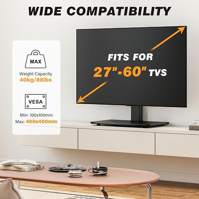 5Rcom Universal Swivel TV Stand for 27-60 inch Curved/Flat Screen TVs, Table Top TV Base Replacement Holds up to 88 lbs, Height Adjustable TV Stand Mount with Tempered Glass Base, MAX VESA 400x400mm