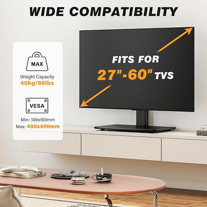 5Rcom Universal Swivel TV Stand for 27-60 inch Curved/Flat Screen TVs, Table Top TV Base Replacement Holds up to 88 lbs, Height Adjustable TV Stand Mount with Tempered Glass Base, MAX VESA 400x400mm