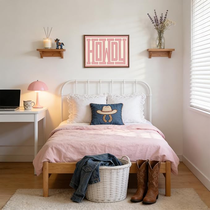 QIYFFBN Framed Howdy sign Western Cowgirl Picture Wall Art Pink Cream Preppy Canvas Painting Retro Southwestern Country Prints Wall Decor Farmhouse Living Room Bedroom For Teen Girls (12x16inch)