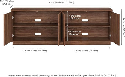 Henn&Hart Fluted TV Stand for TVs up to 75" with 2 Concealed Ribbed Storage Cabinets and Adjustable Shelves for Living Room, Family Room, or Office, Medium Walnut