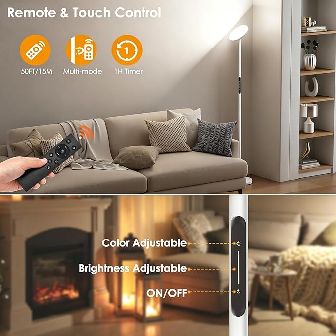 Floor Lamps for Living Room, 32W 3000LM Super Bright LED Torchiere Floor Lamp with Remote & Touch Control, 69" Standing Lamp with 350°Rotating Head, Modern Dimmable Floor Lamp for Bedroom Office