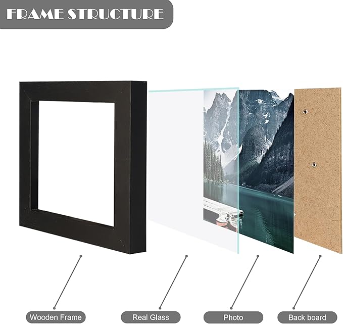 Hongkee 4x4 Black Picture Frames set of 3, Made of Wooden and Real Glass Small Square frame - Display on Table Desk Top or Wall Hanging