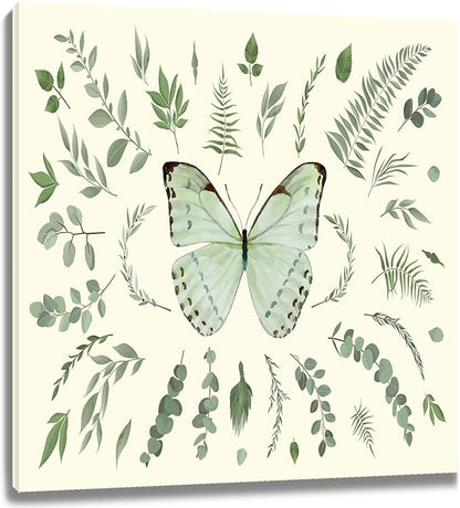 LB Green Butterfly Wall Art Watercolor Botanical Eucalyptus Leaves with Butterfly Canvas Wall Art Modern Aesthetic Art Decor for Living Room Bedroom Bathroom Framed Ready to Hang 12L x 12W Inch