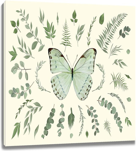 LB Green Butterfly Wall Art Watercolor Botanical Eucalyptus Leaves with Butterfly Canvas Wall Art Modern Aesthetic Art Decor for Living Room Bedroom Bathroom Framed Ready to Hang 12L x 12W Inch