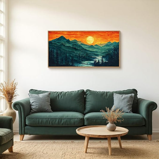 Woodland Mountain Framed Canvas Wall Art Set, Abstract Ridge Wall Painting, Boho Sunset Scenery Wall Decor, Modern Natural Landscape Art Print for Living Room, Bedroom, Office - 20"x40"