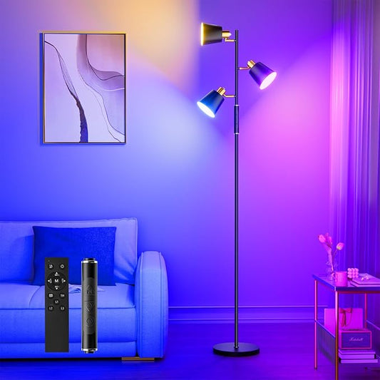 Upgraded RGB Tree Floor Lamp, 2500LM Super Bright Standing Lamp with 9 Dynamic Modes, 10 Color Temperatures, LED Floor Lamp with 3 Rotatable Lights, Modern Floor Lamps for Living Room Gaming Room