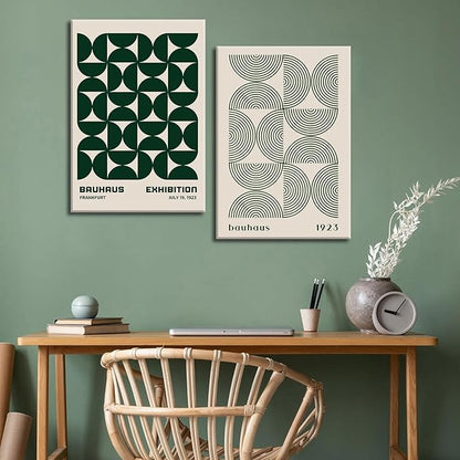 2Pcs Bauhaus Mid Century Modern Wall Art Retro Exhibition Posters Prints Green Boho Geometric Abstract Minimalist Wall Decor Pictures for Bedroom iving Room Dining Room Framed (Green, 16x24in Framed)