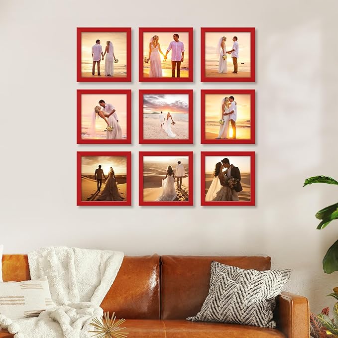YESKAY 8x8 Picture Frame Set of 9, Photo Gallery Wall Frame Set, Display Pictures 4 x 4 with Mat or 8x8 Without Mat, Square Frame Picture Frames Collage Wall Decor, Red