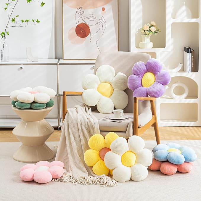 3Pcs Flower Pillow - Flower Shaped Throw Pillow Seating Cushion, Cute Daisy Flower Pillow Floor Pillows for Adults Kids Home Bedroom Sofa Chair Couch Decor (White/Pink/Purple, 15.74 in+19.68 in)