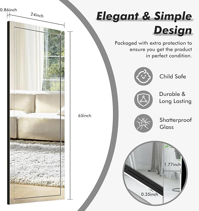 Syndra 65‘’x24‘’ Beveled Edge Full Length Mirror, Frameless Wall-Mounted & Glass Frame Mirror, Large Rectangle Full Body Mirrors for Bedroom, Living Room, Bathroom, Entryway(Vertical or Horizontal)